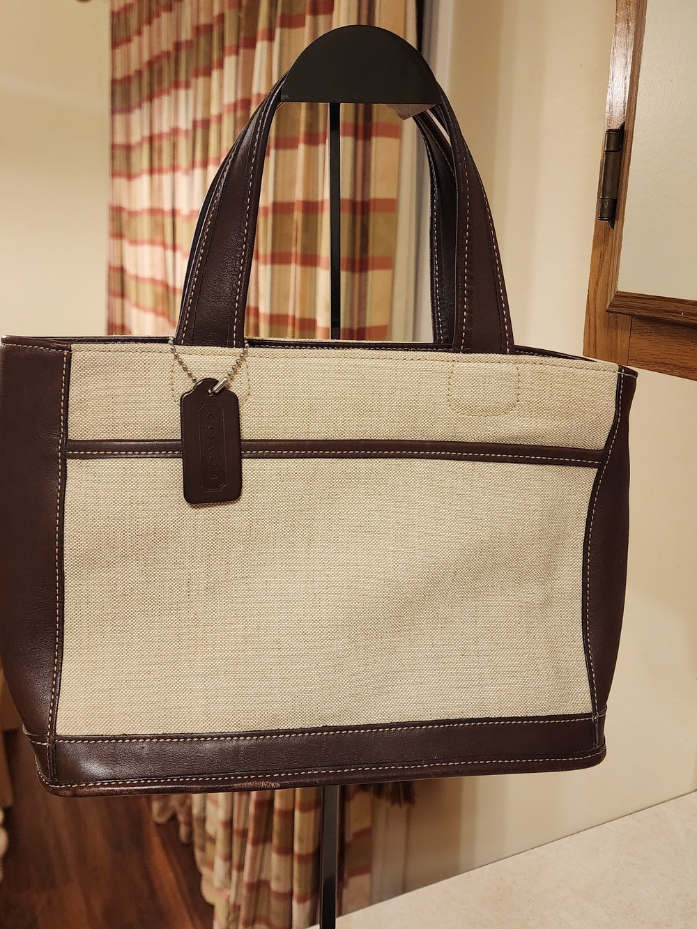 vintage 1999 Coach Bleecker Satchel in beige linen canvas brown leather trim.